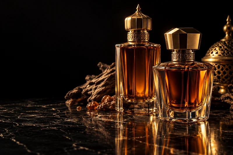 Illustrative amber perfume bottles on dark marble
