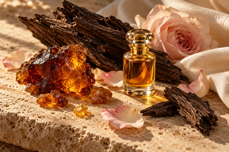 Illustrative oud wood, rose and amber fragrance still life