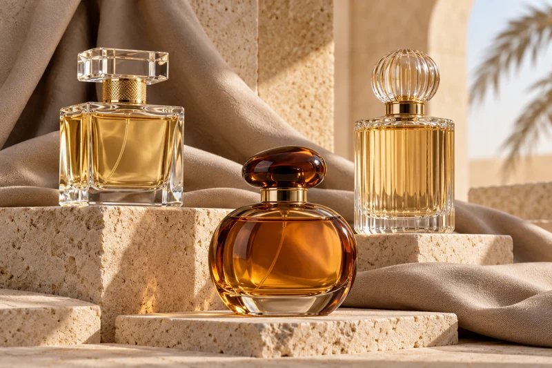 Illustrative perfume bottles on warm limestone